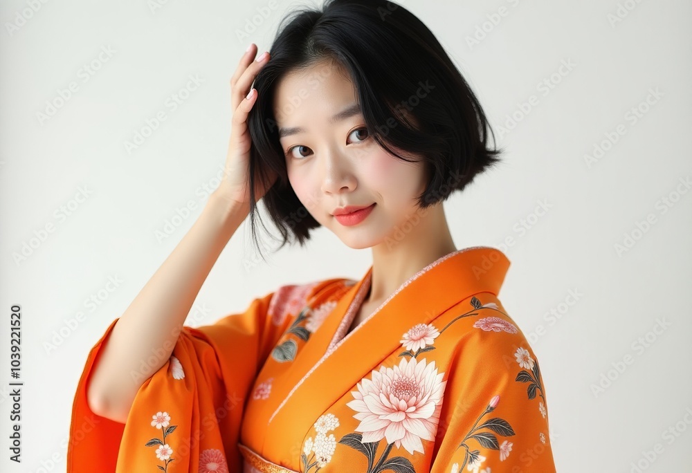 Beautiful Young Asian Woman in Orange Kimono: A Fashion Photography Portrait Showcasing Traditional Japanese Clothing with Warm Tones Beautiful Young Asian Woman in Orange Kimono: A Fashion Photography Portrait Showcasing Traditional Japanese Clothing with Warm Tones