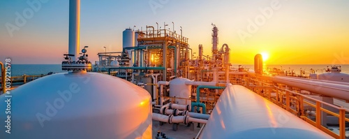 Large tanks and pipelines at a gas processing plant, industrial perspective