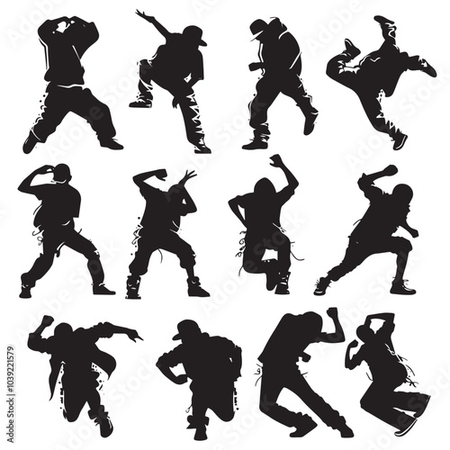 A set of men street dance hip hop dancers in silhouette