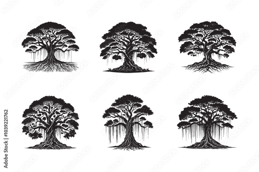 Obraz premium banyan tree silhouette in black color, banyan tree hand drawn vector, Banyan Tree Silhouette Vector art