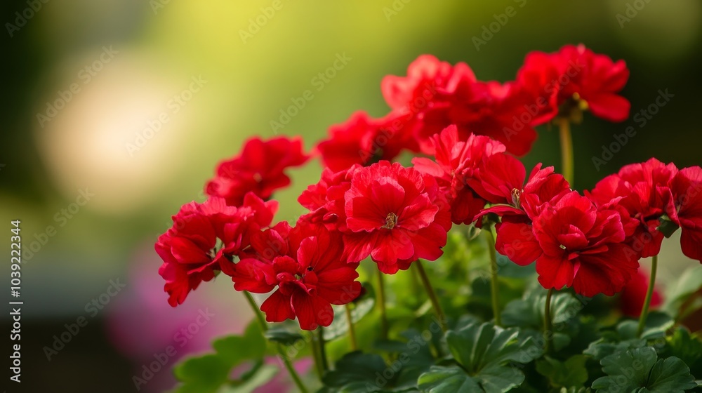 Vibrant Red Geraniums in Soft Focus with Lush Green Foliage Vibrant Red Geraniums in Soft Focus with Lush Green Foliage