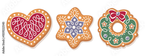 Gingerbread cookies set - Christmas wreath, snowflake and heart. Cute winter homemade sweets in festive shapes isolated on transparent background. Vector illustration in flat style.