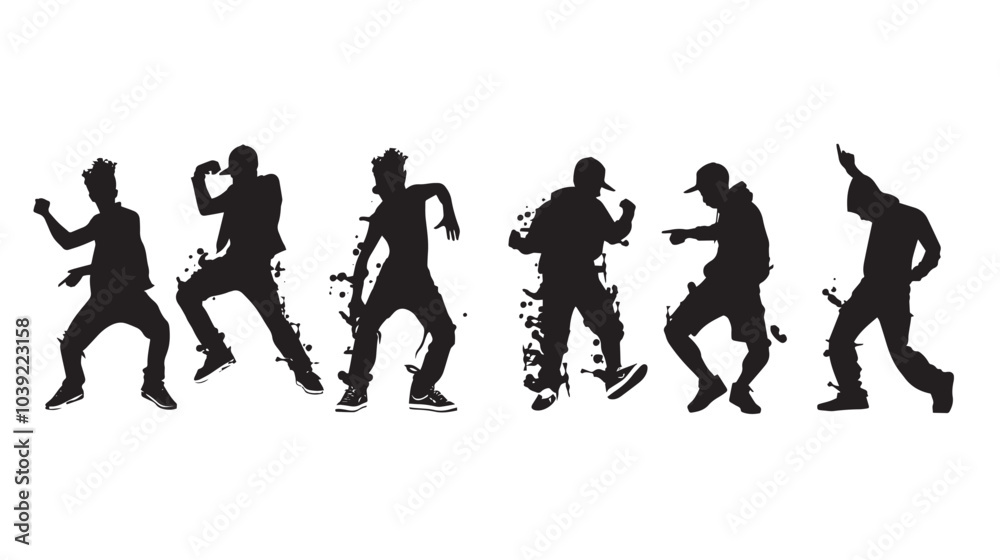 A set of men street dance hip hop dancers in silhouette A set of men street dance hip hop dancers in silhouette