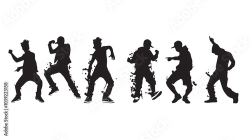 A set of men street dance hip hop dancers in silhouette