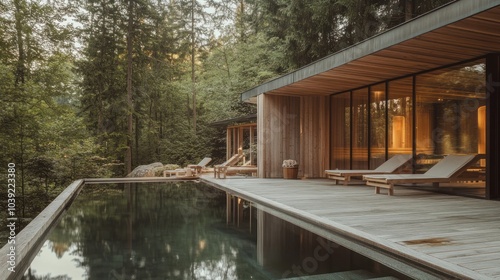 A countryside spa with wooden saunas and natural hot baths, set along the edge of a forest, offering guests a peaceful and rejuvenating escape in nature.