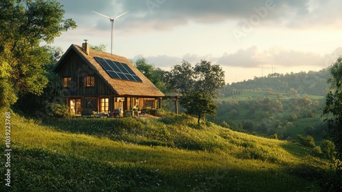A cozy countryside home built with natural materials, fully self-sufficient with wind turbines and solar power, surrounded by a peaceful landscape of rolling hills and forests.