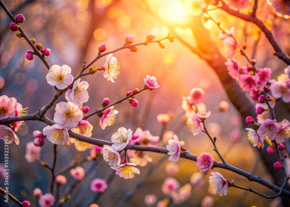 Ethereal light casts otherworldly glow on plum blossoms, creating serene and enchanting atmosphere. delicate petals and vibrant colors evoke sense of tranquility and beauty Ethereal light casts otherworldly glow on plum blossoms, creating serene and enchanting atmosphere. delicate petals and vibrant colors evoke sense of tranquility and beauty