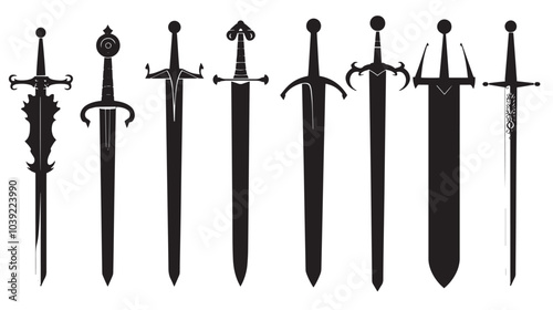 A set of silhouettes of different knight's swords , black silhouettes isolated on white background