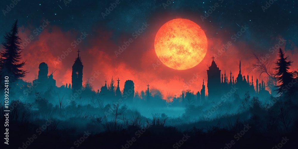 Night Halloween background with pumpkins, candles, bat and castle background, banner background. Night Halloween background with pumpkins, candles, bat and castle background, banner background.