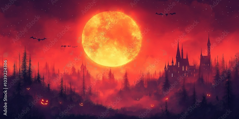 Night Halloween background with pumpkins, candles, bat and castle background, banner background. Night Halloween background with pumpkins, candles, bat and castle background, banner background.