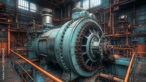 A giant factory water pump surrounded by stainless steel pipes, supported by sturdy metal braces, with pressure indicators on top.