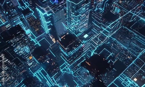 Wallpaper Mural Futuristic city skyline with glowing blue lines abstract background. Torontodigital.ca