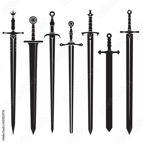 A set of silhouettes of different knight's swords , black silhouettes isolated on white background