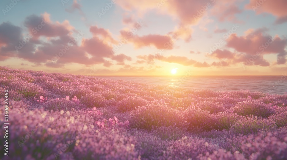 Obraz premium Vibrant field of lavender swaying gently in the spring breeze