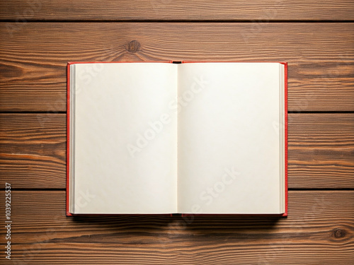 Top-down view of an open book with blank white pages on a wooden surface. Minimalist and clean aesthetic photo