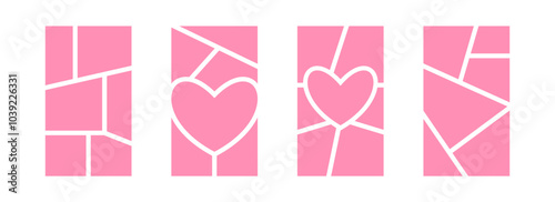 Image collage layout set. Pink mosaic mood board grid collection. Picture slot composition arrangement. Heart shaped photo album template. Vector love memory wall mockup for banner, poster, brochure