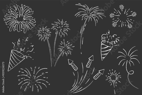 Fireworks and rocket, salute with burst, light and festive explosions chalk in doodle style. Hand drawn sparks, firecracker on white background. Party, celebrations, event.