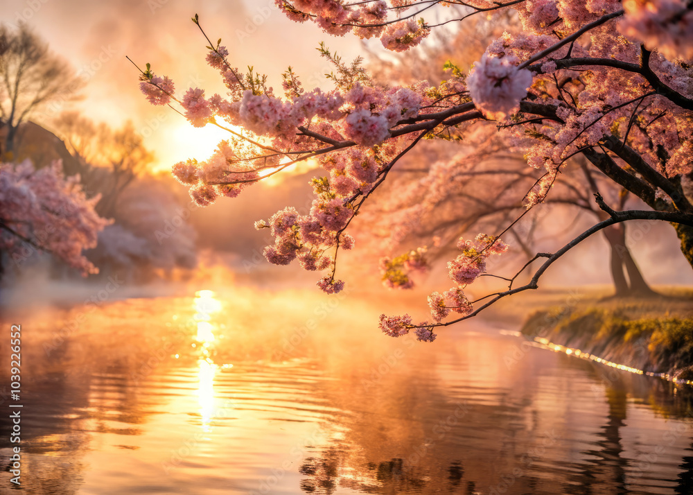 Fototapeta premium serene scene of cherry blossoms reflecting on tranquil river at sunrise, with soft pink petals dancing in gentle breeze, creating peaceful atmosphere