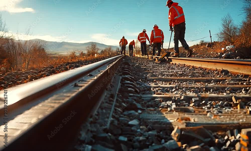 Workers maintaining railway tracks under a clear blue sky.