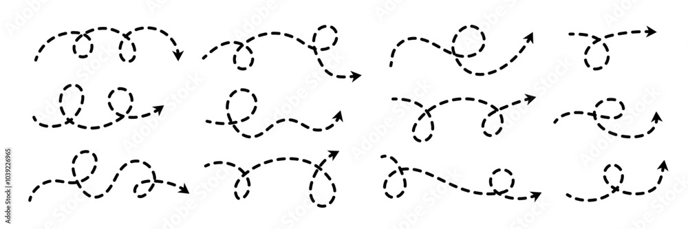 Comic dotted thin arrow set. Wavy curved dash pointer collection. Squiggle sketchy direction or trajectory lines. Dots squiggle loop stripe elements bundle for flyer, poster, brochure, banner. Vector