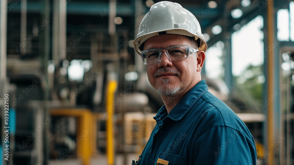 Skilled worker in a safety helmet and goggles, proudly posing at a manufacturing facility Skilled worker in a safety helmet and goggles, proudly posing at a manufacturing facility