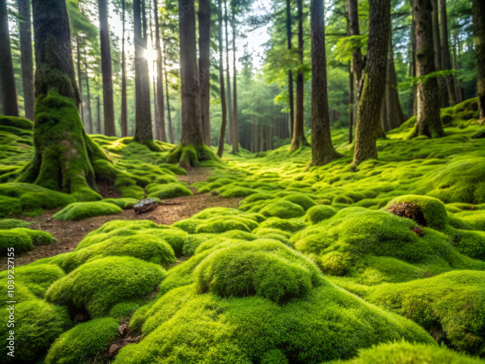 Obraz premium carpet of soft green moss blankets forest floor, creating serene and tranquil atmosphere. Sunlight filters through trees, enhancing lush greenery and inviting exploration
