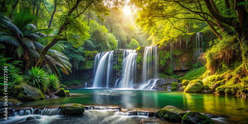 serene waterfall cascades into tranquil oasis, surrounded by lush greenery and vibrant foliage. Golden light filters through trees, creating magical atmosphere