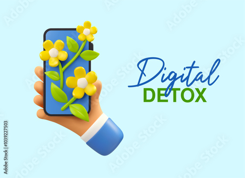 Digital detox vector 3d icon. Cartoon hand holding smartphone with growing flowers. Social media addiction disconnect.