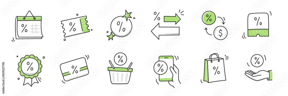 Doodle discount sale icon set. Discount percent, shop sale coupon hand drawn sketch line pen stroke style icon. Special price offer deal sketch doodle drawn collection. Vector illustration Doodle discount sale icon set. Discount percent, shop sale coupon hand drawn sketch line pen stroke style icon. Special price offer deal sketch doodle drawn collection. Vector illustration