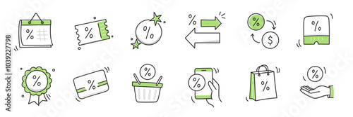 Doodle discount sale icon set. Discount percent, shop sale coupon hand drawn sketch line pen stroke style icon. Special price offer deal sketch doodle drawn collection. Vector illustration