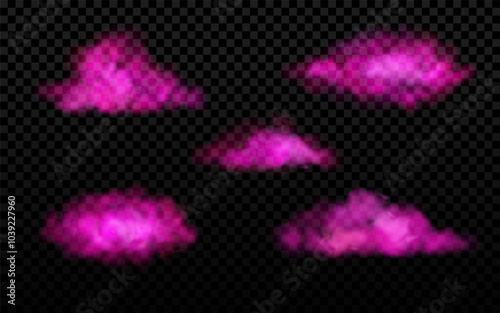 Pink neon realistic clouds. Smoke shining in darkness with transparent effect. Rose color mist, magic sky design element set.