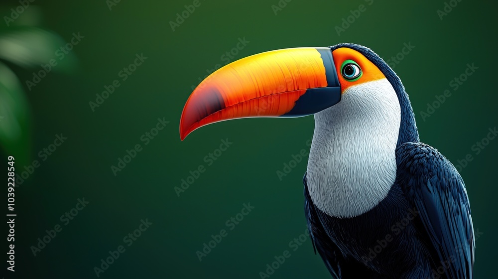Naklejka premium Toucan with a Large Beak Against a Green Background
