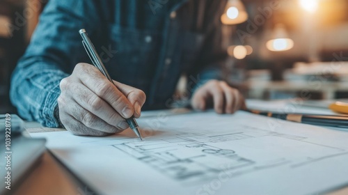 A person sketches architectural plans with a pen on a desk.