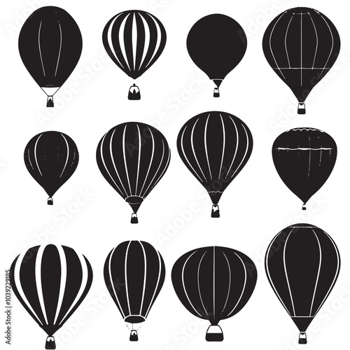 A set of vector silhouettes of hot air balloons , black silhouettes isolated on white background