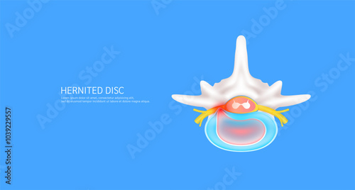 Herniated disc that make back and neck pain. Top view spinal nerve cord yellow. Vertebral anatomy and disc bone human organ on dark blue background. Medical diagnosis concept. Banner vector EPS10.