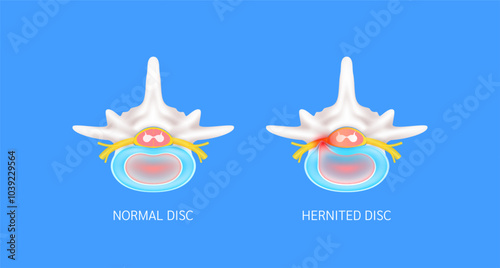 Normal disc and Herniated disc that make back neck pain. Top view spinal nerve cord yellow. Vertebral anatomy and bone human organ on blue background. Medical diagnosis concept. Banner vector.