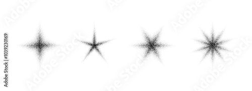 Stippled grain star set. Black noise texture asterisk collection. Halftone glitter sparkles, sparks, twinkles pack for design template, poster, banner, brochure, leaflet. Grey dotted flares. Vector