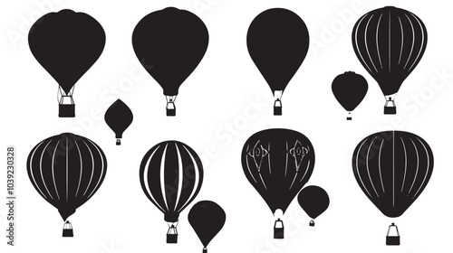 A set of vector silhouettes of hot air balloons , black silhouettes isolated on white background