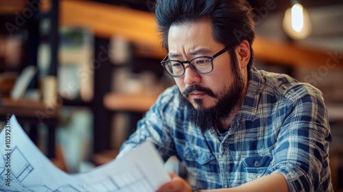 A focused man examines architectural blueprints in a creative workspace.