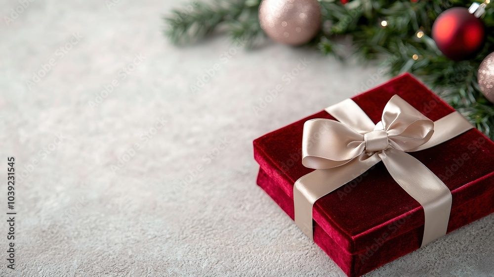 A close-up shot of an extravagant gift box wrapped in rich red velvet and adorned with a satin bow, lying on a textured surface along with sparkling ornaments and seasonal greenery in the background.