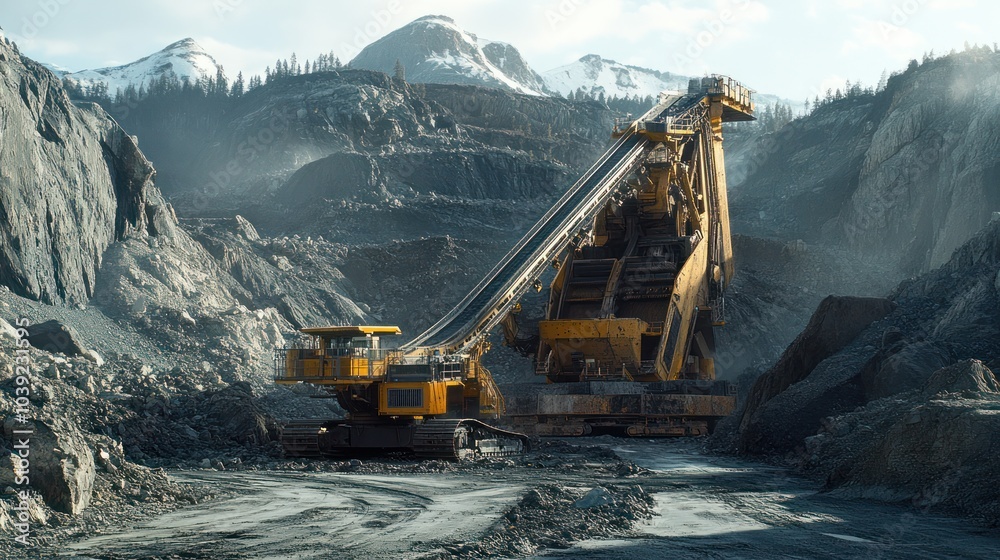 A large piece of gold mining equipment in the midst of a rugged landscape, with conveyor belts and machines working to extract gold from the rocky terrain. A large piece of gold mining equipment in the midst of a rugged landscape, with conveyor belts and machines working to extract gold from the rocky terrain.