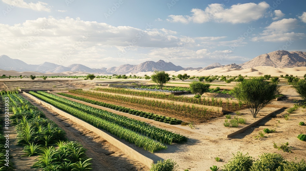 Naklejka premium A large-scale desert farming operation using innovative soil and water management techniques, including terracing and water harvesting, to cultivate crops in arid regions