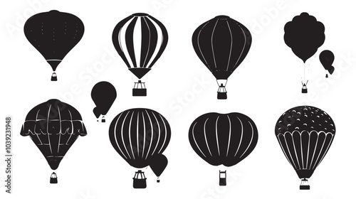 A set of vector silhouettes of hot air balloons , black silhouettes isolated on white background