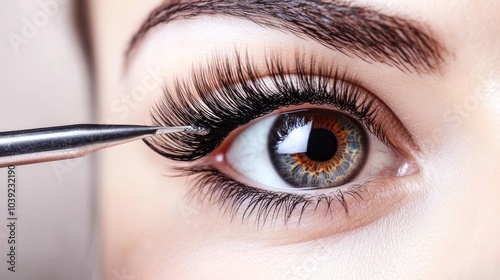 Close-up of an eye with false eyelashes being applied using tweezers.