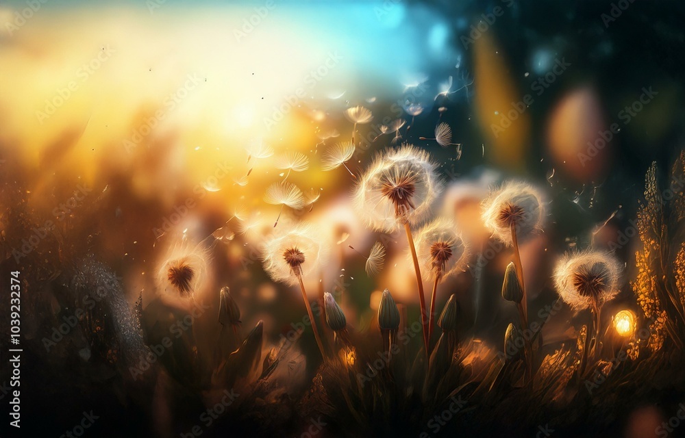 Obraz premium Dandelion seeds float in the air against a warm, hazy background.