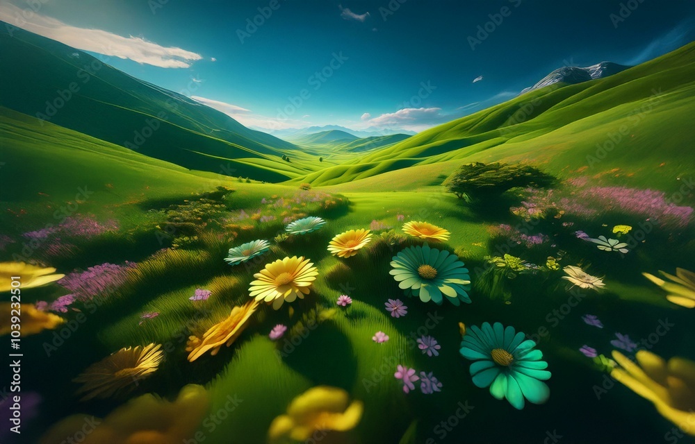Fototapeta premium A vibrant meadow with green rolling hills, blue sky, and a variety of colorful flowers.