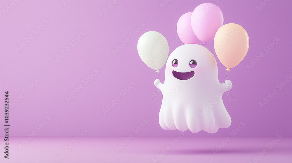 A cute ghost holding pastel-colored balloons, floating on a soft purple background, creating a cheerful and lighthearted scene. A cute ghost holding pastel-colored balloons, floating on a soft purple background, creating a cheerful and lighthearted scene.