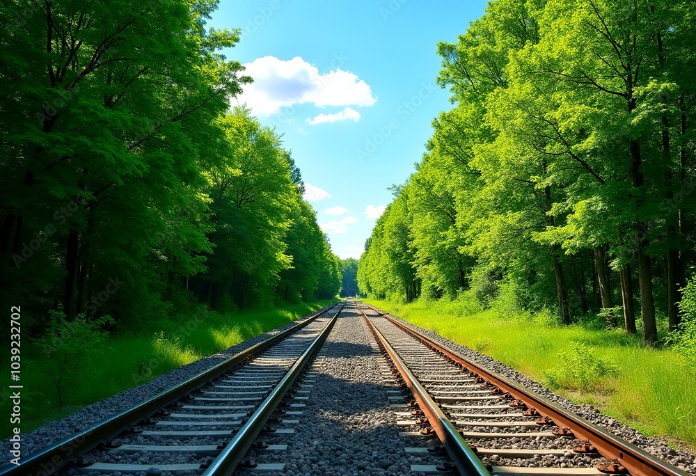 Fototapeta premium Sunlit Railway Scene: Tranquil Tracks Flanked by Lush Greenery and a Clear Blue Sky