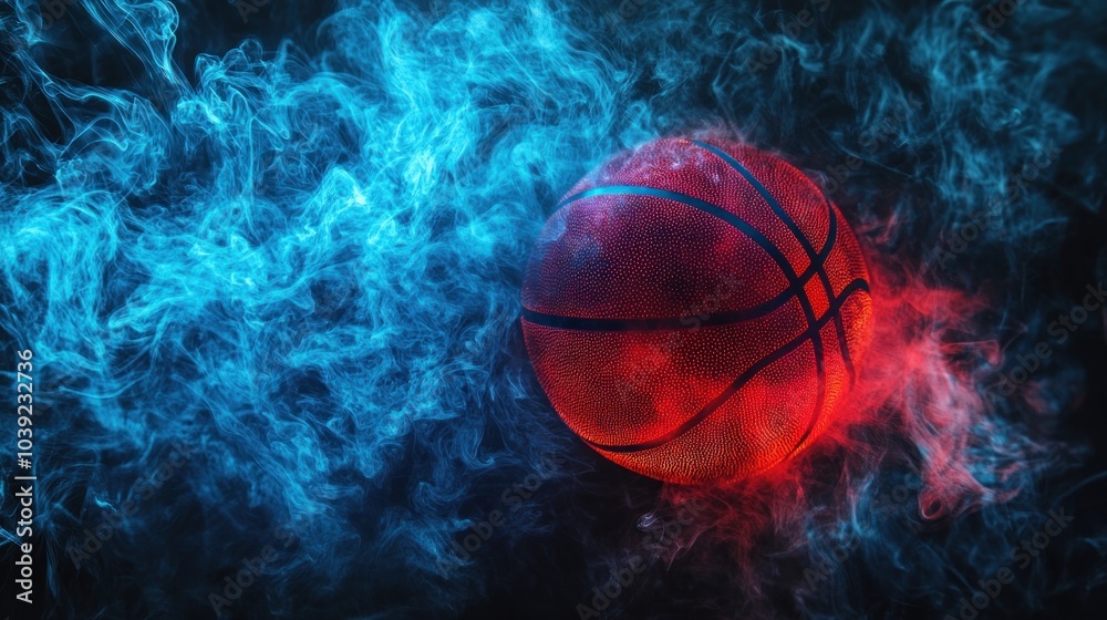 A vibrant basketball surrounded by colorful smoke effects.