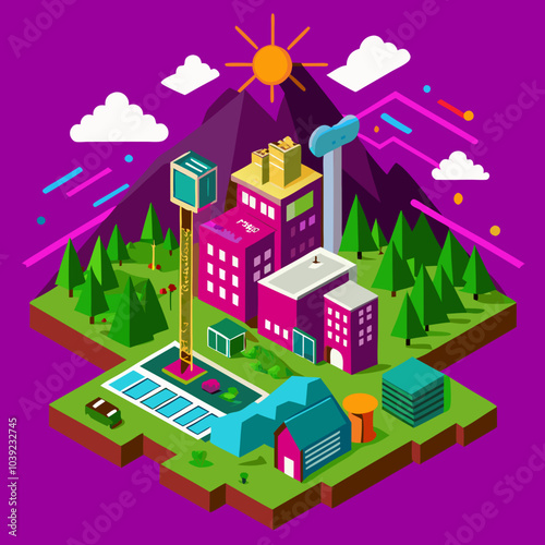 Isometric mining industry and power generating. Composition with images of factory buildings and opencast mine with extractive equipment for quarrying. Industrial vehicles working in extraction area